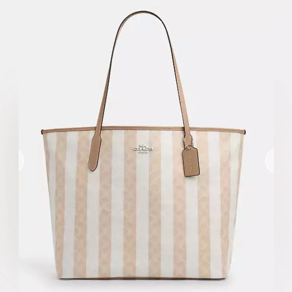 Coach Large City Tote Bag In Signature Canvas With Stripe Silver Sand Tan